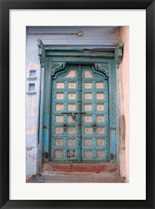 Framed Blue-painted door, Jojawar, Rajasthan, India Print