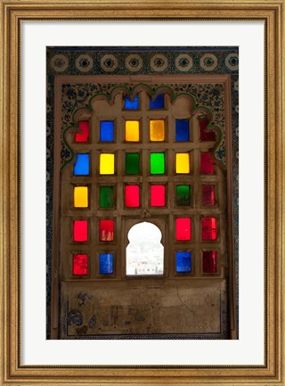 Framed Brightly colored glass window, City Palace, Udaipur, Rajasthan, India. Print
