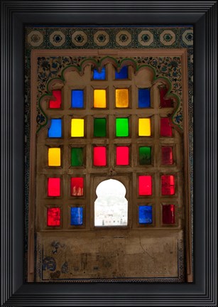Framed Brightly colored glass window, City Palace, Udaipur, Rajasthan, India. Print