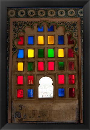 Framed Brightly colored glass window, City Palace, Udaipur, Rajasthan, India. Print