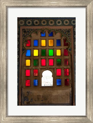 Framed Brightly colored glass window, City Palace, Udaipur, Rajasthan, India. Print