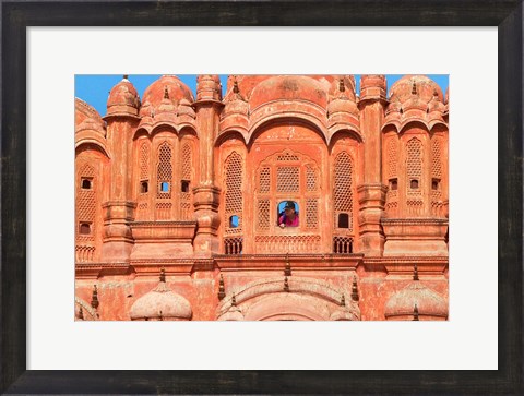 Framed Tourist by Window of Hawa Mahal, Palace of Winds, Jaipur, Rajasthan, India Print