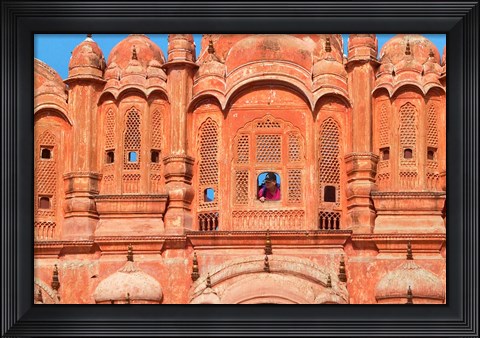Framed Tourist by Window of Hawa Mahal, Palace of Winds, Jaipur, Rajasthan, India Print