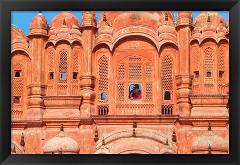 Framed Tourist by Window of Hawa Mahal, Palace of Winds, Jaipur, Rajasthan, India Print