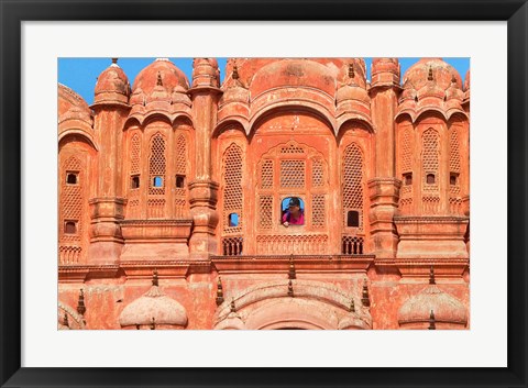 Framed Tourist by Window of Hawa Mahal, Palace of Winds, Jaipur, Rajasthan, India Print