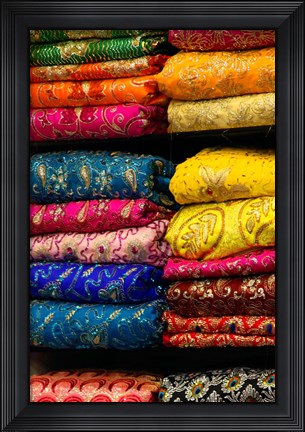 Framed Colorful Sari Shop in Old Delhi market, Delhi, India Print