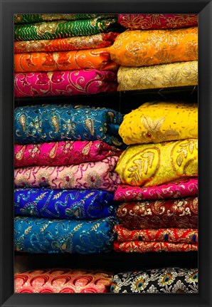 Framed Colorful Sari Shop in Old Delhi market, Delhi, India Print