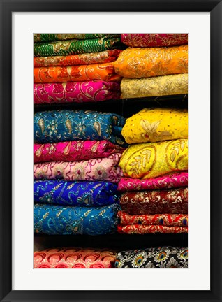 Framed Colorful Sari Shop in Old Delhi market, Delhi, India Print