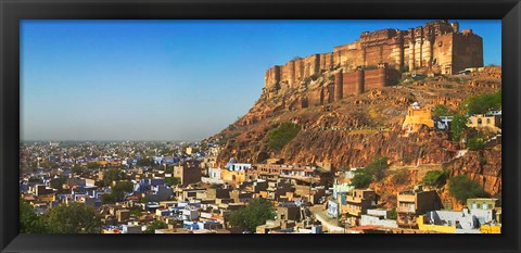 Framed Cityscape of the Blue City with Meherangarh, Majestic Fort, Jodhpur, Rajasthan, India Print