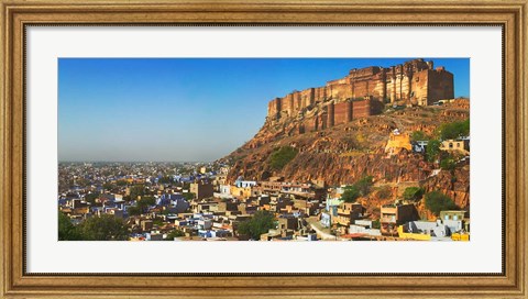 Framed Cityscape of the Blue City with Meherangarh, Majestic Fort, Jodhpur, Rajasthan, India Print