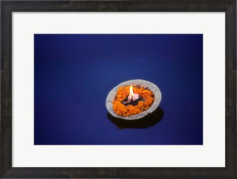 Framed Flower candle in the Ganges River, Varanasi, India Print