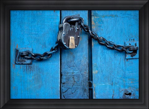 Framed India, Ladakh, Kargil, Padlock on blue door Print