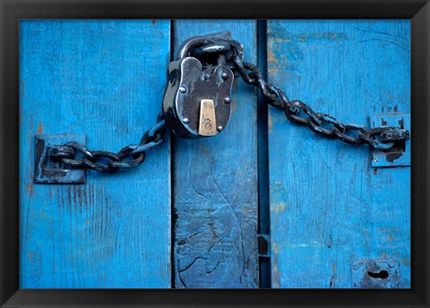 Framed India, Ladakh, Kargil, Padlock on blue door Print