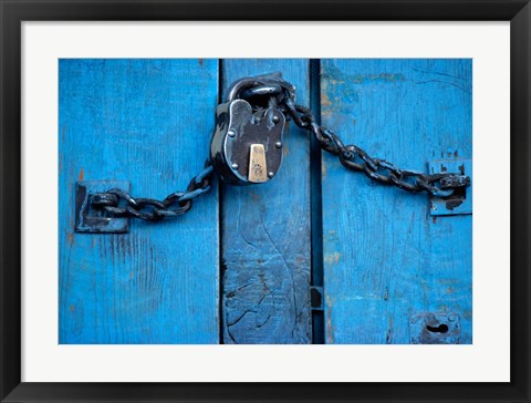 Framed India, Ladakh, Kargil, Padlock on blue door Print