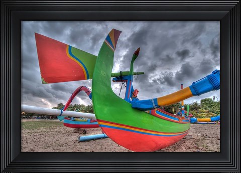 Framed Outrigger boats, called jukungs, on beach, Bali, Indonesia Print