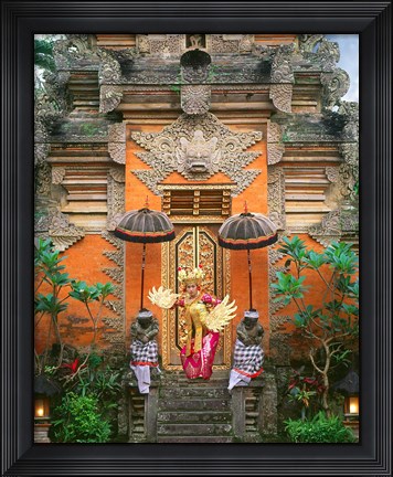 Framed Balinese Dancer Wearing Traditional Garb Near Palace Doors in Ubud, Bali, Indonesia Print