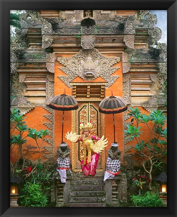 Framed Balinese Dancer Wearing Traditional Garb Near Palace Doors in Ubud, Bali, Indonesia Print