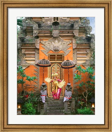 Framed Balinese Dancer Wearing Traditional Garb Near Palace Doors in Ubud, Bali, Indonesia Print