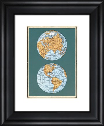 Framed Map of the World&#39;s Hemispheres, two views Print