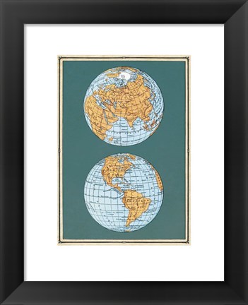 Framed Map of the World&#39;s Hemispheres, two views Print