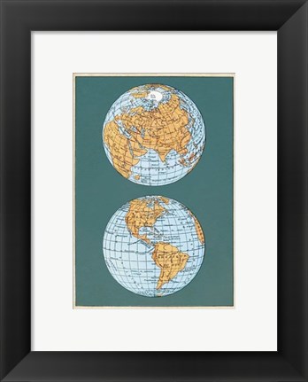 Framed Map of the World&#39;s Hemispheres, two views Print