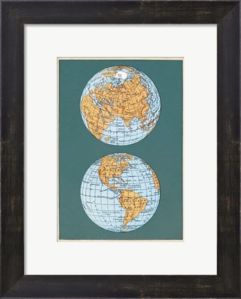Framed Map of the World&#39;s Hemispheres, two views Print