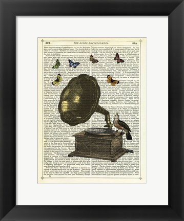 Framed Gramophone, Bird &amp; Butterflies Print