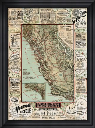 Framed Map of California Roads for Cyclers, 1896 Print