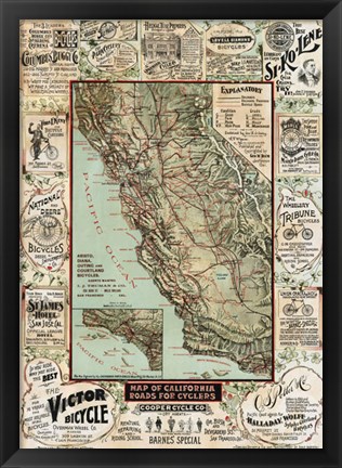 Framed Map of California Roads for Cyclers, 1896 Print