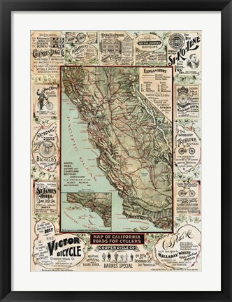 Framed Map of California Roads for Cyclers, 1896 Print