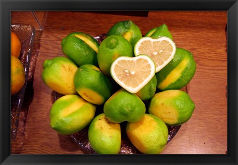 Framed Display of fresh heart shaped limes, Tokyo, Japan Print