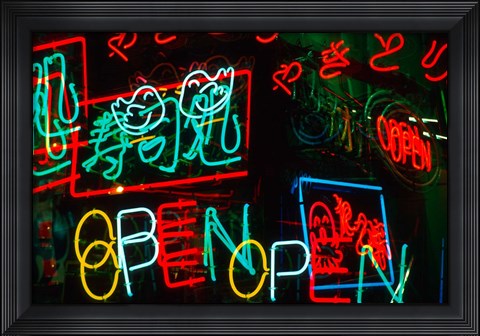 Framed Neon Signs For Sale in Dotombori District Market, Osaka, Japan Print