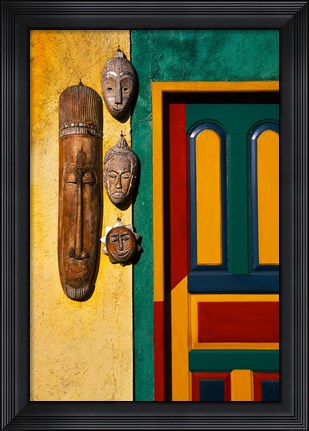 Framed Decorated Door with Handcrafted Masks in Ubud, Bali, Indonesia Print