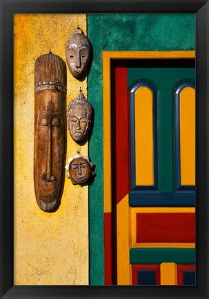 Framed Decorated Door with Handcrafted Masks in Ubud, Bali, Indonesia Print