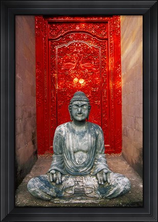 Framed Buddha at Ornate Red Door, Ubud, Bali, Indonesia Print
