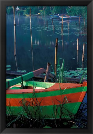 Framed Colorful Boat Moored at Lake Bratan, Bali, Indonesia Print