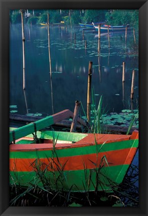 Framed Colorful Boat Moored at Lake Bratan, Bali, Indonesia Print