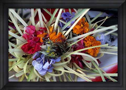 Framed Flowers and Palm Ornaments, Offerings for Hindu Gods at Temple Ceremonies, Bali, Indonesia Print