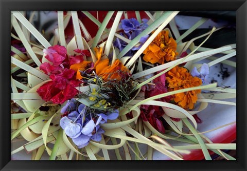 Framed Flowers and Palm Ornaments, Offerings for Hindu Gods at Temple Ceremonies, Bali, Indonesia Print