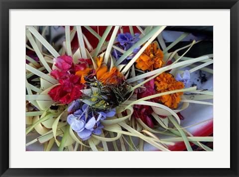 Framed Flowers and Palm Ornaments, Offerings for Hindu Gods at Temple Ceremonies, Bali, Indonesia Print