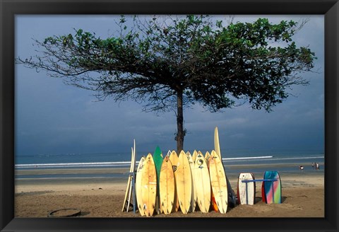 Framed Surfboards Lean Against Lone Tree on Beach in Kuta, Bali, Indonesia Print