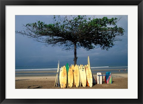 Framed Surfboards Lean Against Lone Tree on Beach in Kuta, Bali, Indonesia Print