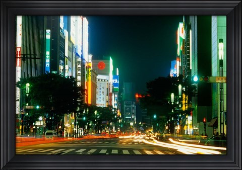 Framed Expensive Shopping District with Night Traffic, Ginza Area, Tokyo, Japan Print