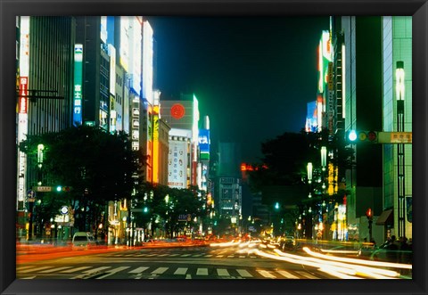 Framed Expensive Shopping District with Night Traffic, Ginza Area, Tokyo, Japan Print