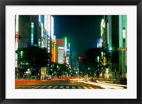 Framed Expensive Shopping District with Night Traffic, Ginza Area, Tokyo, Japan Print