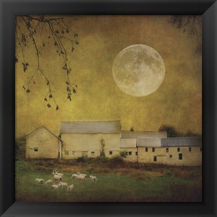 Framed Sheep Under a Harvest Moon Print