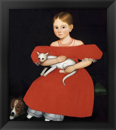 Framed Girl in Red Dress with Cat and Dog, 1830-1835 Print