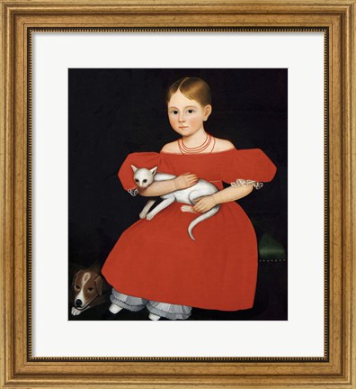 Framed Girl in Red Dress with Cat and Dog, 1830-1835 Print