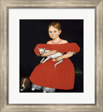 Framed Girl in Red Dress with Cat and Dog, 1830-1835 Print