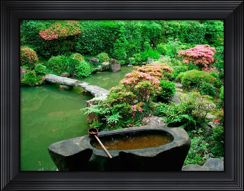 Framed Green Zen Garden, Kyoto, Japan Print
